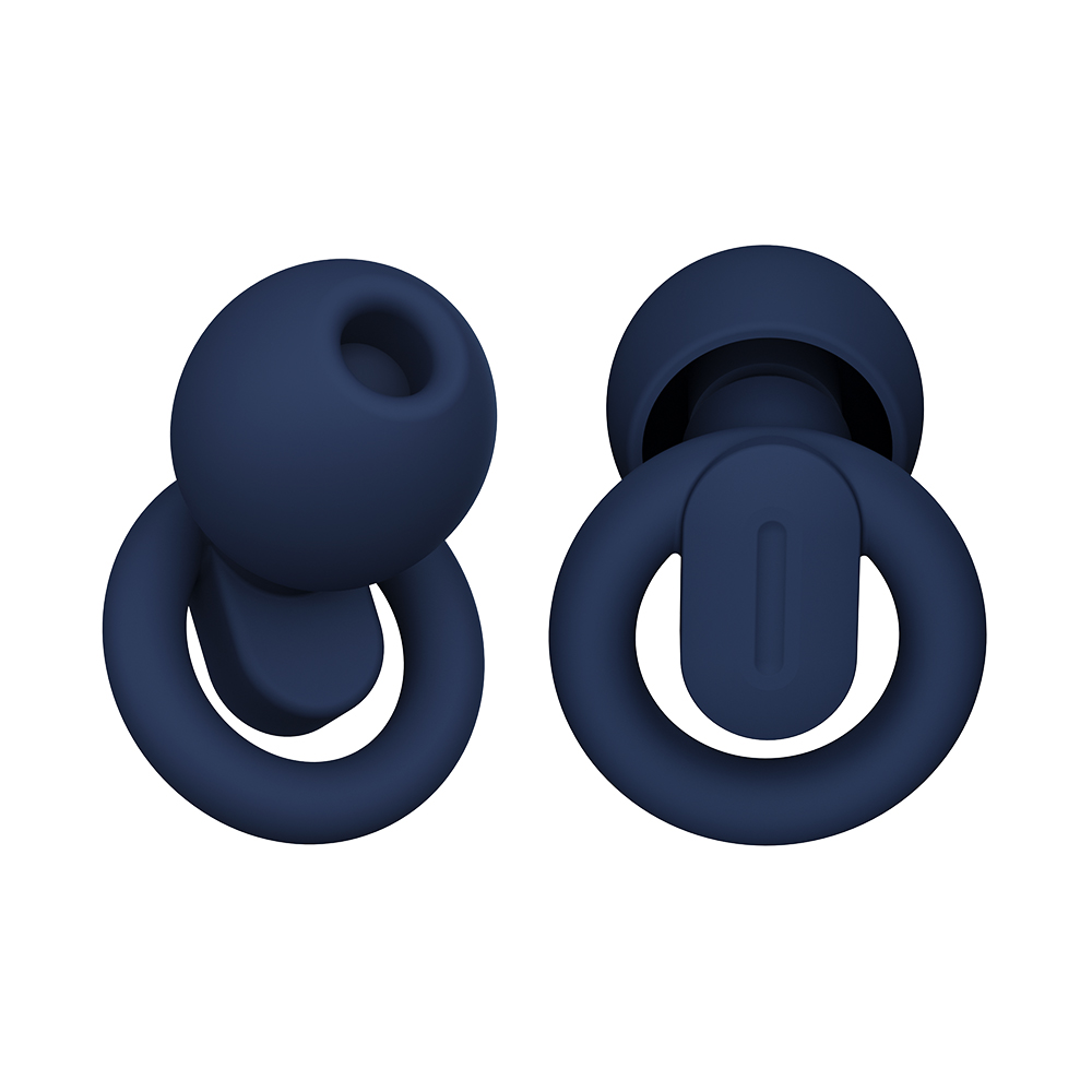 Pair of blue silicone earbuds on a white background