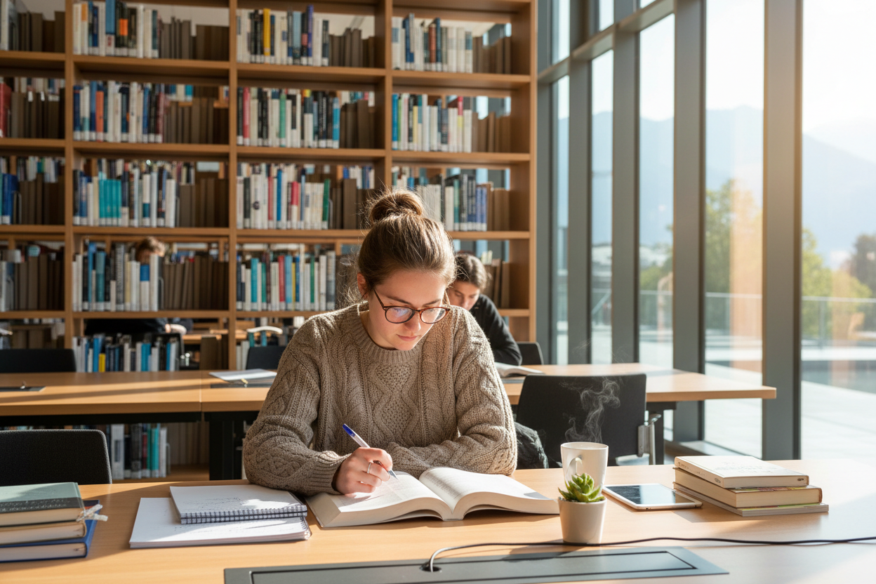 Swiss Student learning in library 